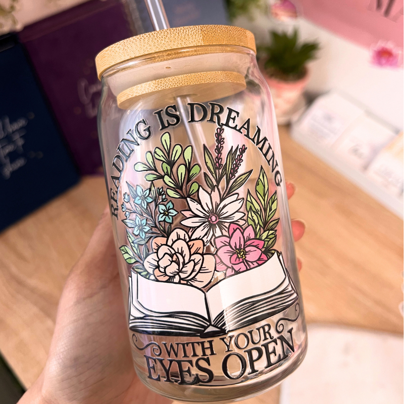 Reading is Dreaming with your eyes open 16oz Glass Cup