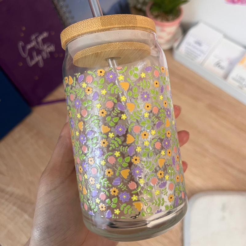 Spring Flowers Glass Can 16oz