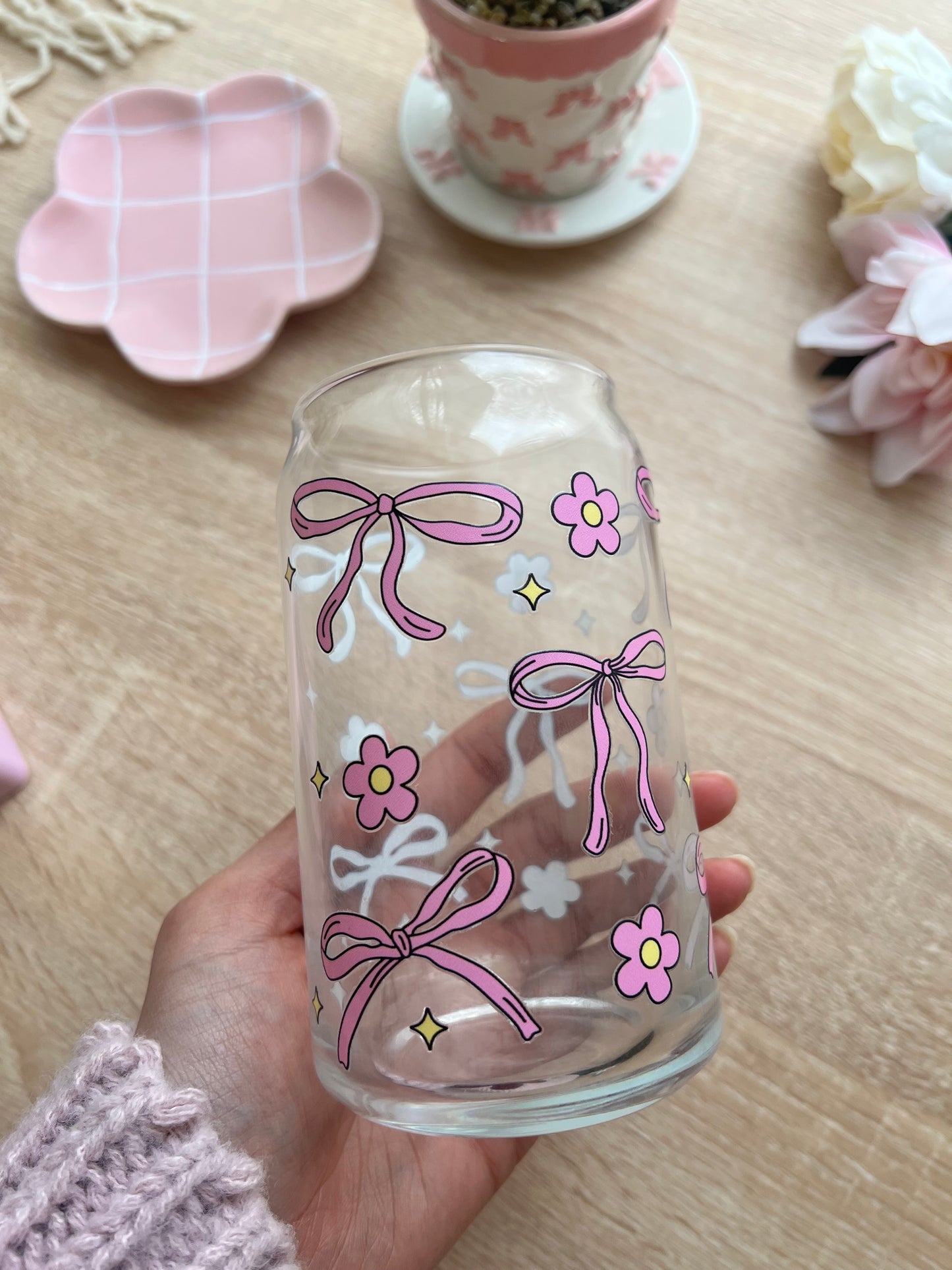 Pink bows and Flower 16oz glass cup