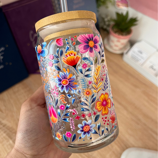 Colourful Flowers | 16oz | Glass Can