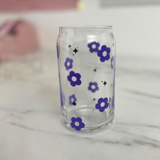 Purple Retro Flowers Glass Cup